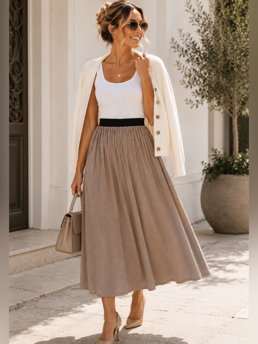 Future Collective Taupe Midi Skirt w/ Black Stripe Detail